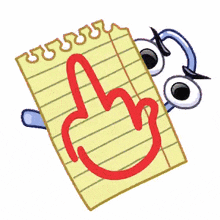 a cartoon character is holding a notepad with a red finger drawn on it .