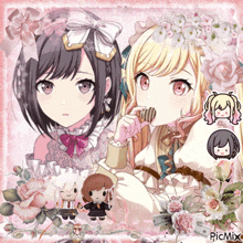 a picture of two anime girls is surrounded by flowers and picmix
