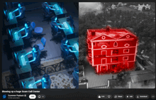 a facebook post about blowing up a huge scam call center with a red building in the middle