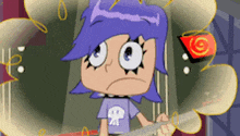 a cartoon girl with purple hair is holding a guitar and wearing a shirt with a skull on it