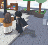 a boy and a girl are standing on a sidewalk in a video game with alexx visible in the background