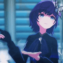 a girl with purple hair and a butterfly on her head