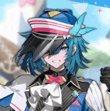 a blue haired anime character wearing a hat with a feather