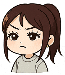 a cartoon of a girl with brown hair and a ponytail making a sad face .