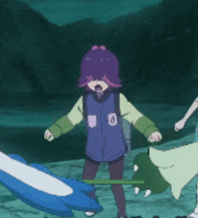 a girl with purple hair and a blue jacket has the letter a on her chest