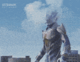 a cartoon character from ultraman official is standing in front of a city skyline