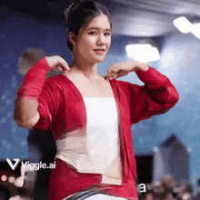 a woman in a red and white outfit is standing in front of a sign that says ' viggle.ai ' on it