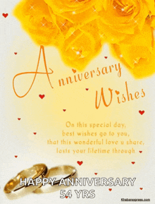 a happy anniversary 54 yrs card with yellow roses and rings