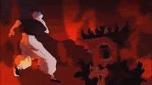 a close up of a cartoon character 's face with a red background and flames coming out of it .