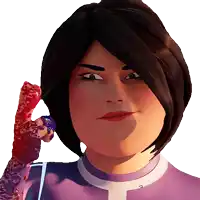 a close up of a cartoon character 's face with a purple shirt on