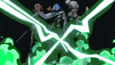 a drawing of a man and a woman with green lightning