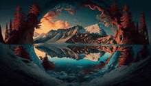 a painting of a lake surrounded by mountains and trees