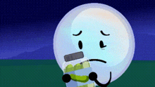a cartoon character with a sad face is holding a jar with a green object in it .