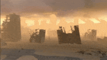 a drawing of a destroyed city with a cloudy sky