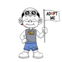 a cartoon character with adopt me written on a flag