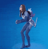 a woman in a blue suit is standing on a blue background holding a sword .