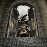 a man in armor stands in front of a doorway with a monster in the background