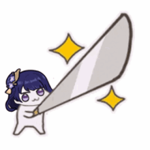 a cartoon girl is holding a large sword in her hand .