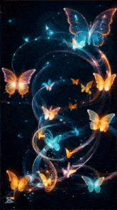a bunch of butterflies are flying in a circle on a dark background