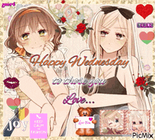 a happy wednesday greeting card with two girls and a teddy bear