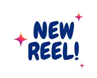a blue sign that says " new reel " with stars around it