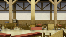 a room with wooden tables and benches and a barrel