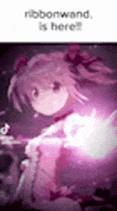a purple anime girl with a ribbon wand is standing in a dark room .