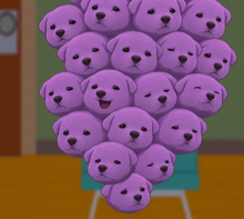 a bunch of purple stuffed animals with different faces on them