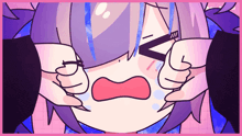 a cartoon drawing of a girl with purple hair and blue eyes crying
