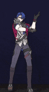 a pixel art drawing of a man with blue hair dancing