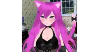 a girl with pink hair and cat ears is standing in front of a window in a room .