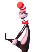 a cartoon cat in the hat is holding a stick