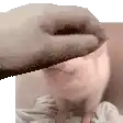 a close up of a person 's face with a hand putting a cookie on it .