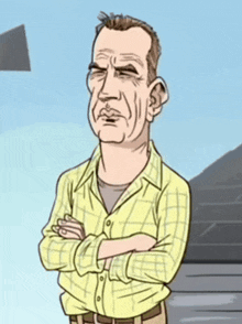 a cartoon of a man with his arms crossed and a serious look on his face