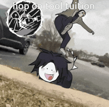 a cartoon of a man jumping over another man with the words hop on tool tuition below him