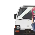 a woman with red hair is standing in front of a white truck .