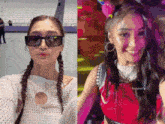 two pictures of a woman wearing sunglasses and a braided hair style