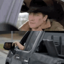 a man in a cowboy hat is sitting in a car with the door open