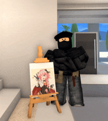 a man in a black mask is standing next to an easel with a painting of a girl on it