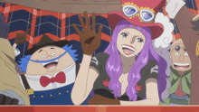 a woman with purple hair and a cigarette in her mouth is surrounded by cartoon characters