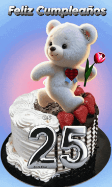 a birthday cake with a teddy bear and the number 25