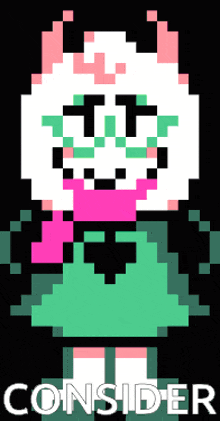 a pixel art of a cartoon character with the word consider written below it