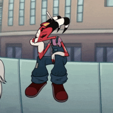a cartoon character in overalls is sitting on a ledge