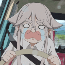 a cartoon character with white hair and glasses is driving a car