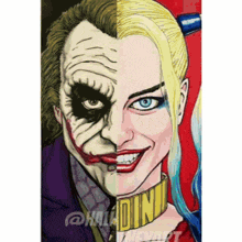 a drawing of the joker and harley quinn with half of the joker 's face and half of harley 's face