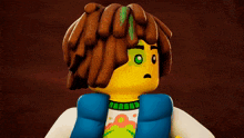 a close up of a lego man with dreadlocks and a green eye