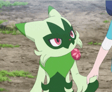 a person holding a green cat 's hand with a red ball in its mouth