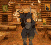 a cartoon character is standing in front of a log cabin holding a sword and a hammer .