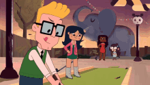 a group of cartoon characters are playing golf in a park