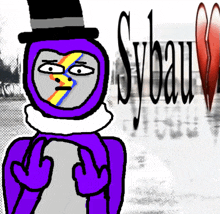 a drawing of a penguin with a top hat and the word sybau behind him